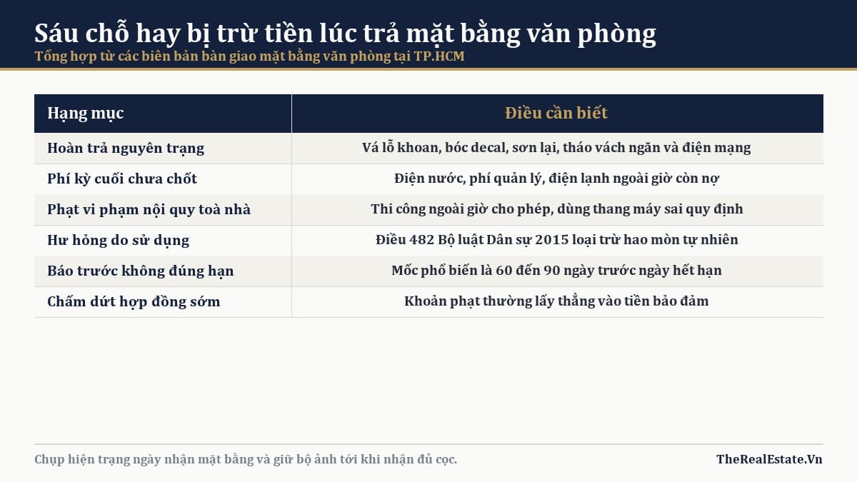 Các hạng mục bên cho thuê hay trừ vào tiền cọc khi bàn giao