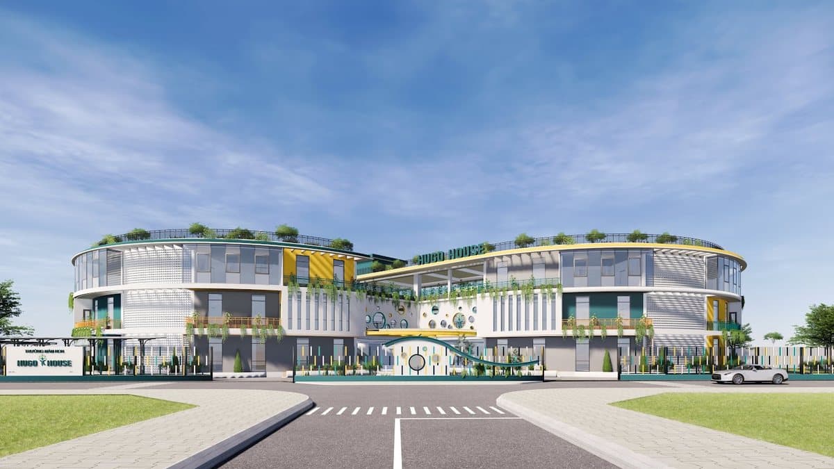 Phối cảnh kiến trúc Trường Mầm non Hugo House với khối nhà tròn nhiều tầng và sân chơi