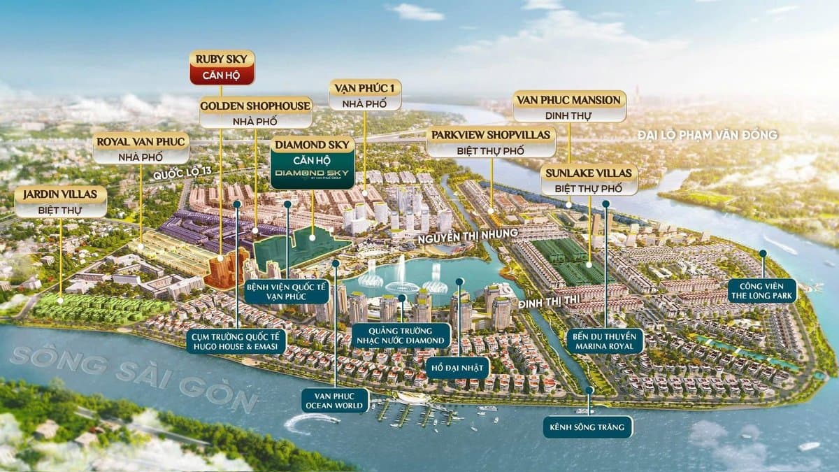 Phối cảnh tổng thể khu đô thị với các phân khu và mặt nước