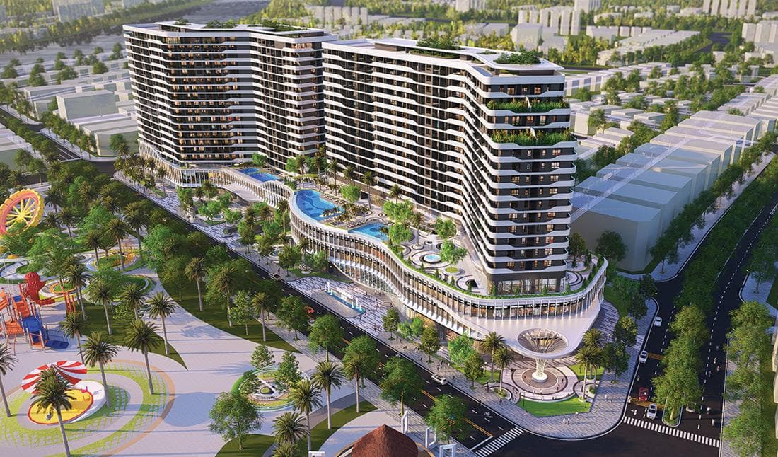 Hồ bơi và vườn cảnh quan trên khối đế